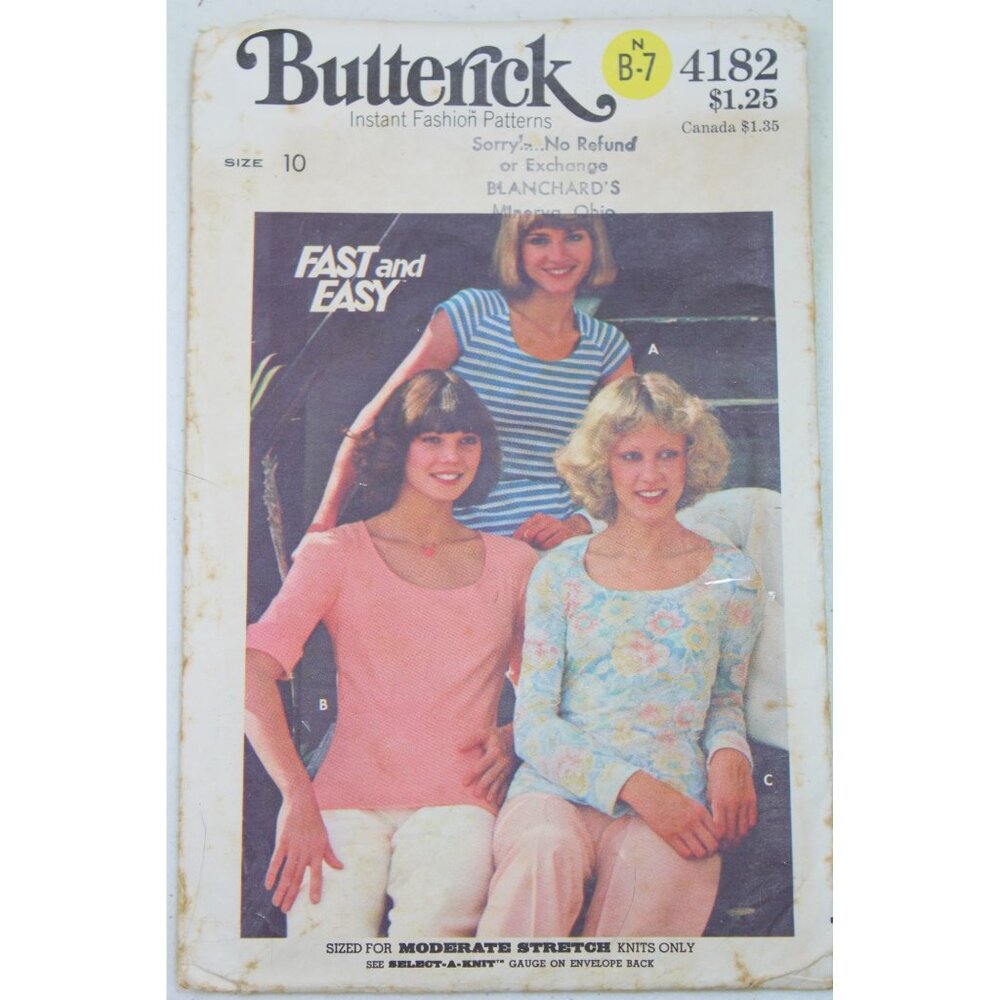 Butterick 4182 Tee Pattern Fast and Easy Pattern Vintage 1970s 92754 Size 10